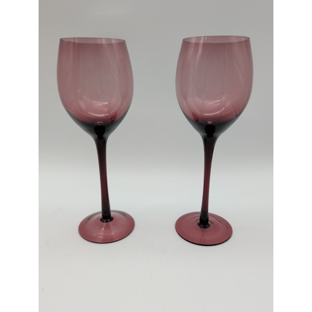 2 Vtg Krosno Poland Amethyst Wine Glasses 8.5" Purple Plum Hand Blown